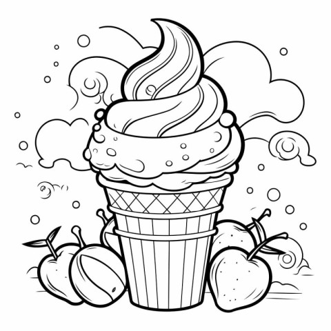 Ice cream in a waffle cup. black and white vector illustration