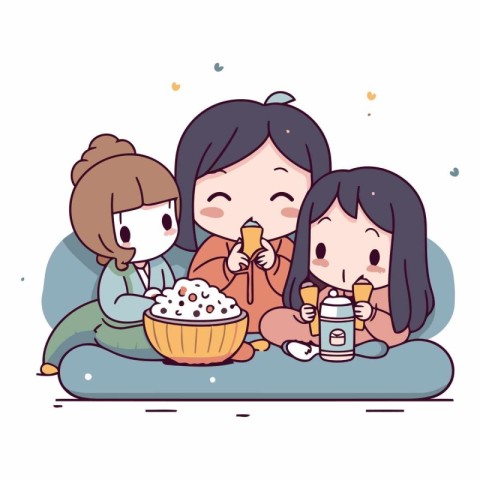 Illustration of a girl and her mother eating popcorn and drinkin