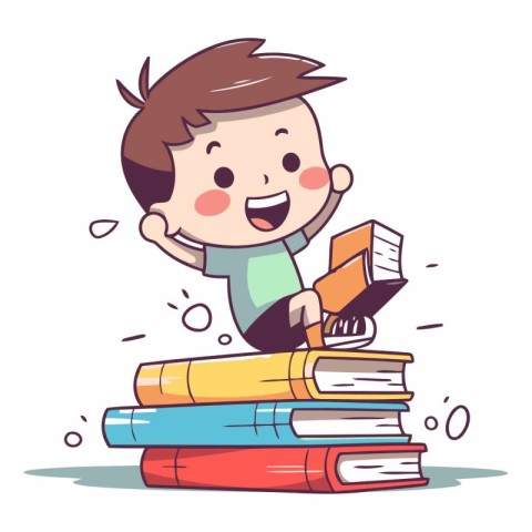 Boy reading a book on stack of books. Vector cartoon illustratio