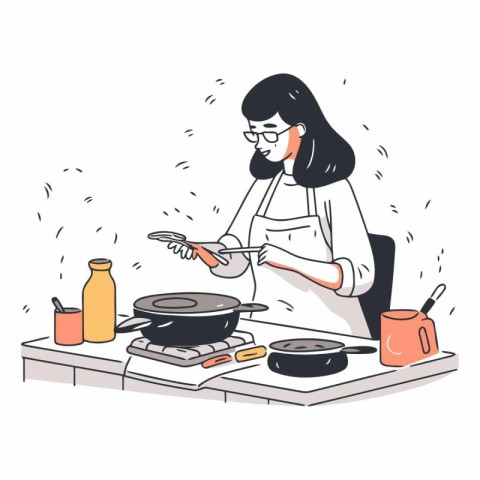 Vector illustration of a woman cooking in the kitchen. Cartoon s