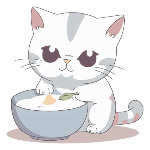 Illustration of a Cute Cat Eating a Bowl of Yogurt