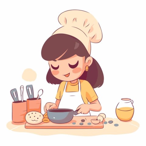 Little girl cooking in the kitchen in cartoon style.