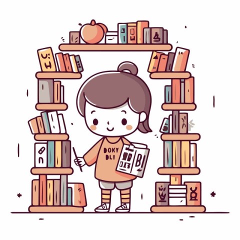 Girl with bookshelves in flat cartoon style.