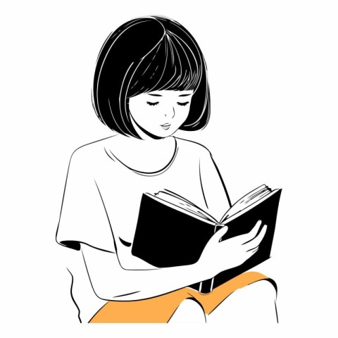 Girl reading a book isolated on a white background.