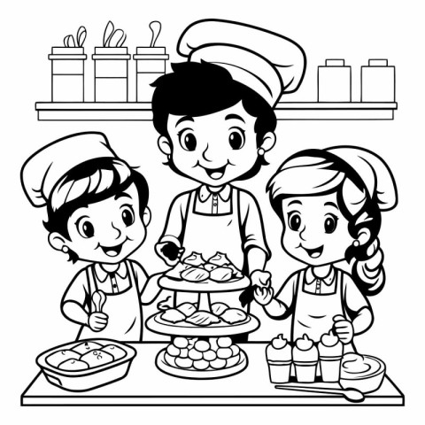 Children cooking in the cafe. Black and white vector illustratio