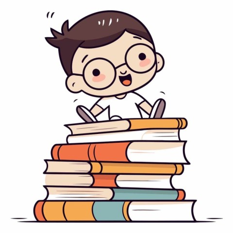 Cute boy with glasses sitting on pile of books.