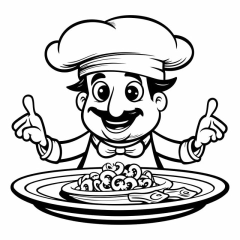 Chef with Pasta - Black and White Cartoon Illustration.