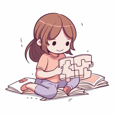 Illustration of a Cute Little Girl Reading a Jigsaw Puzzle