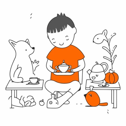 Vector illustration of a boy with a cup of tea and a cat