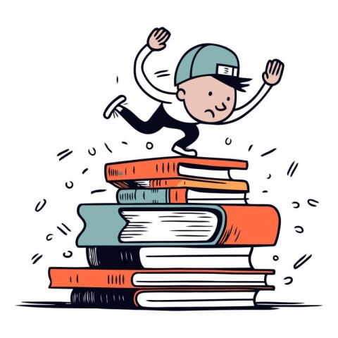 Boy running on a pile of books in sketch style.