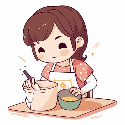 Illustration of a Cute Girl Cooking in the Kitchen - Vector