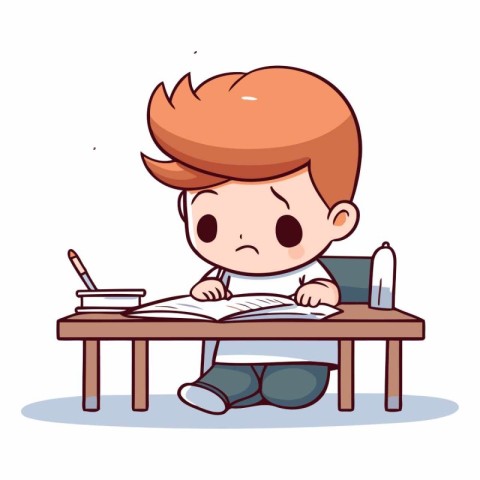 Boy sitting at desk and writing in notebook cartoon vector illus