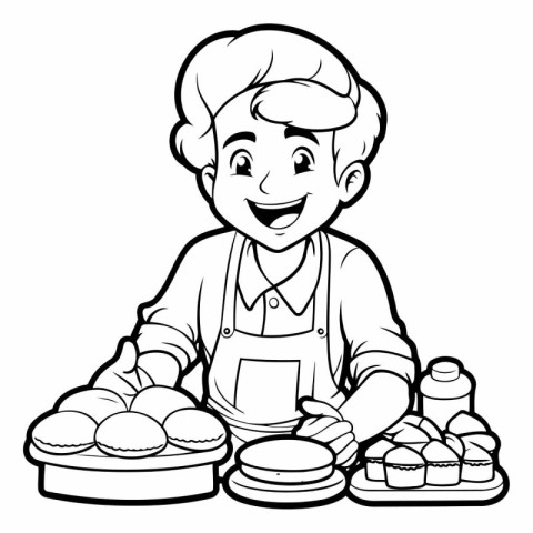 Black and White Cartoon Illustration of Cute Little Boy Baking C