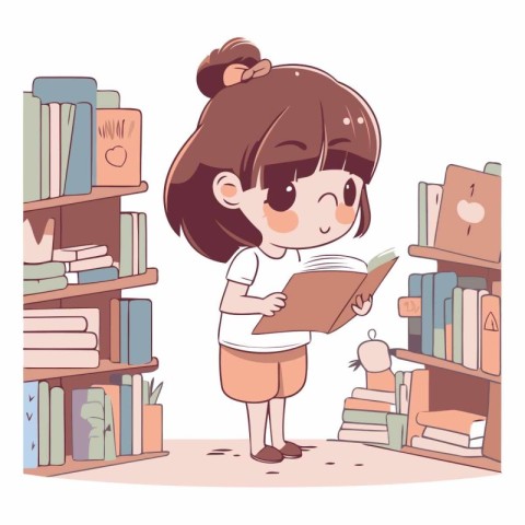 Girl reading a book in the library in cartoon style.