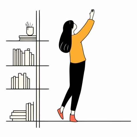 Woman standing on the bookshelf in flat style