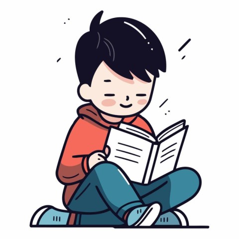 Cute boy reading a book in cartoon style.