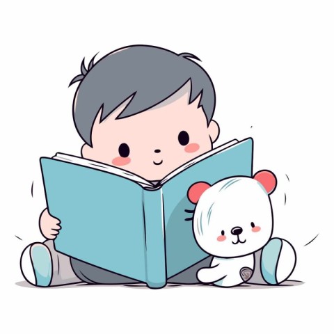 Cute boy reading a book with white bear.