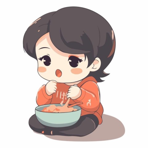 Illustration of a Cute Little Boy Eating a Bowl of Food