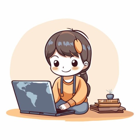 Illustration of a Little Girl Studying with a Laptop and Books