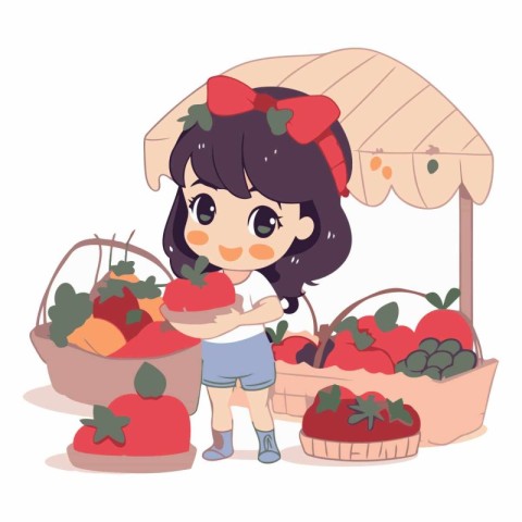 Cute little girl with a basket of fruits and vegetables.