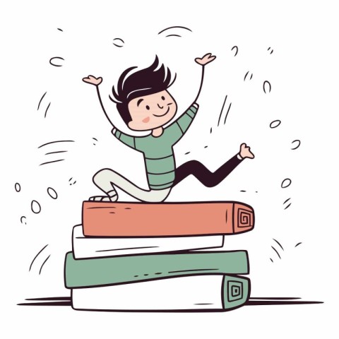 Happy boy jumping on a pile of books. Vector cartoon illustratio