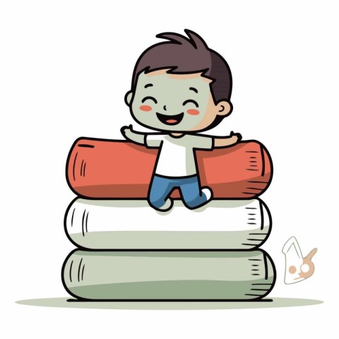 Boy sitting on stack of books in cartoon style.