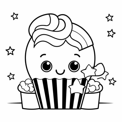 Cute cupcake with stars. Black and white vector illustration.