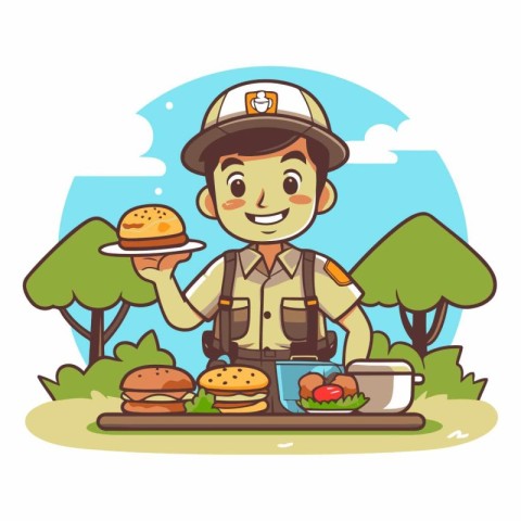 Vector illustration of a boy with hamburger and hot dog in the p