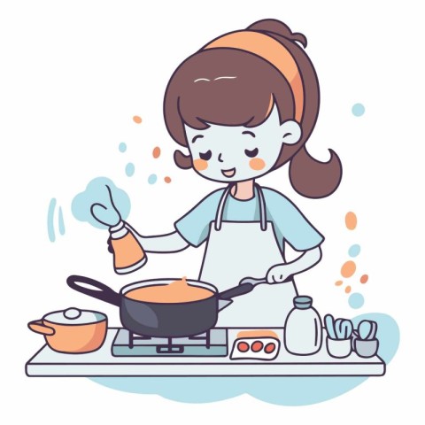 Illustration of a young woman cooking in the kitchen