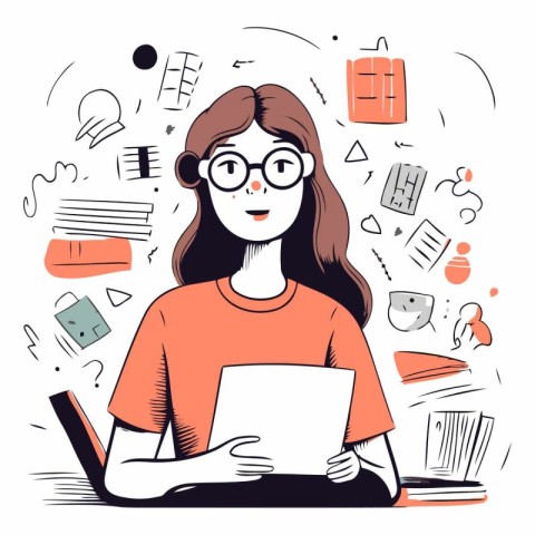 Young woman working on laptop in doodle style.