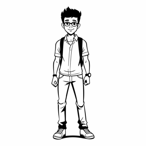 Hipster young man with backpack and glasses cartoon vector illus