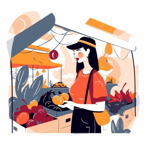 Young woman buying fruits and vegetables at farmers market. flat
