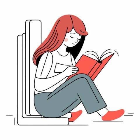 Young woman reading a book in line art style.