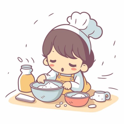 Illustration of a Little Girl Cooking in the Kitchen. Cartoon St