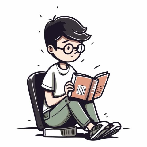 Young man reading a book sitting on a chair.