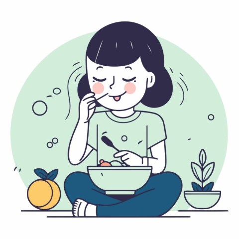 Illustration of a young woman eating a bowl of healthy food.