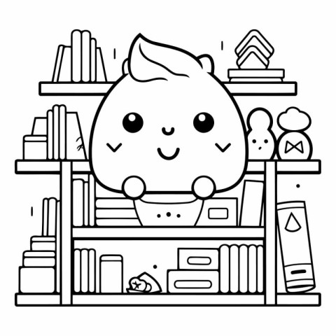 Bookshelves with cute cartoon character. Black and white vector