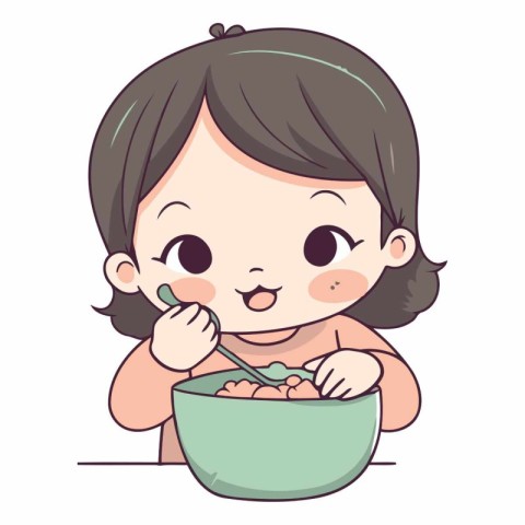 Illustration of a Cute Little Girl Eating a Bowl of Food