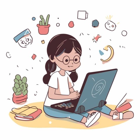 Girl using laptop at home in hand drawn style.