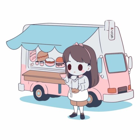 Illustration of a girl eating ice cream in front of a truck