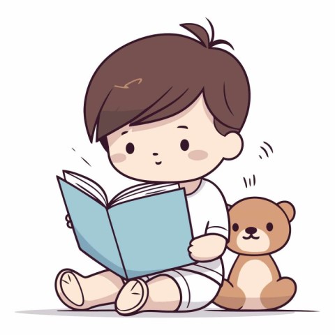 Boy reading a book with his teddy bear.