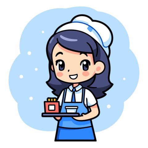 Cute maid holding a tray of food. Vector character illustration