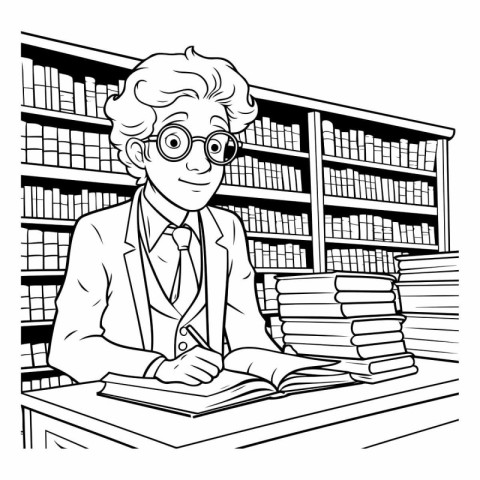 Black and White Cartoon Illustration of a Man Reading a Book at