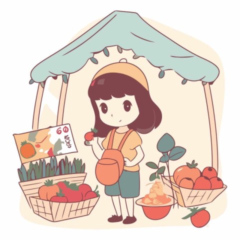 Illustration of a Cute Girl Selling Vegetables in the Market