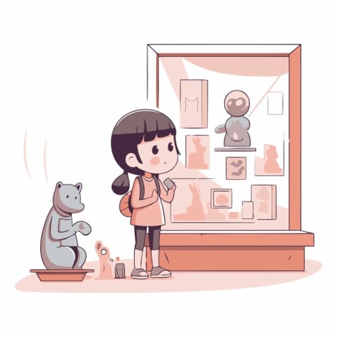 Girl and cat in the museum in cartoon style.