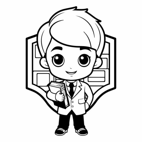 Black and White Cartoon Illustration of Kid Boy with Smartphone