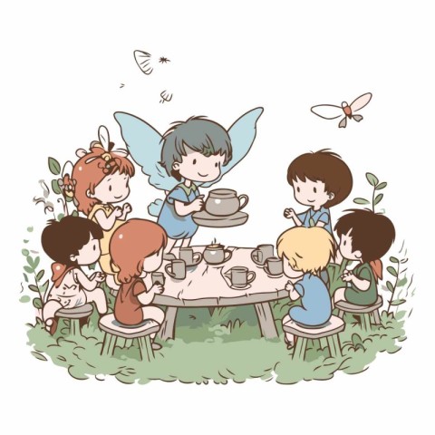 Illustration of a group of children having a tea party in the ga