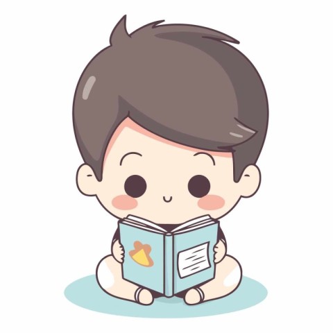 cute boy reading a book on white background.