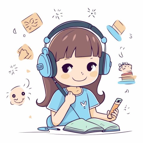 Cute little girl listening to music with headphones.