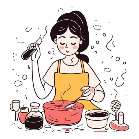 Woman cooking in kitchen in doodle style.